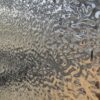 Zbliżenie na połyskujący wzór, w którym panel WPC tworzy efekt płynnego, srebrnego metalu z refleksami światła.