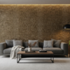 Nowoczesny salon z dekoracyjną ścianą o złotej strukturze przypominającej skórę krokodyla, wykonaną z panelu WPC o eleganckim metalicznym wykończeniu