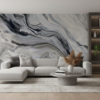 Elegancki salon z dużą sofą i ścianą ozdobioną panel WPC NP24006 imitującym czarno-szare żyłkowanie marmuru